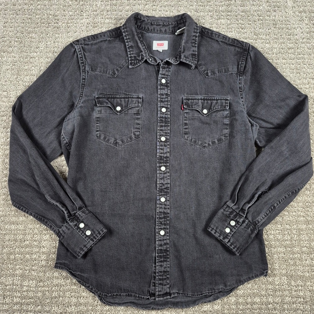Levis Denim Shirt Mens M Faded Black Western Pearl Snap Button up
